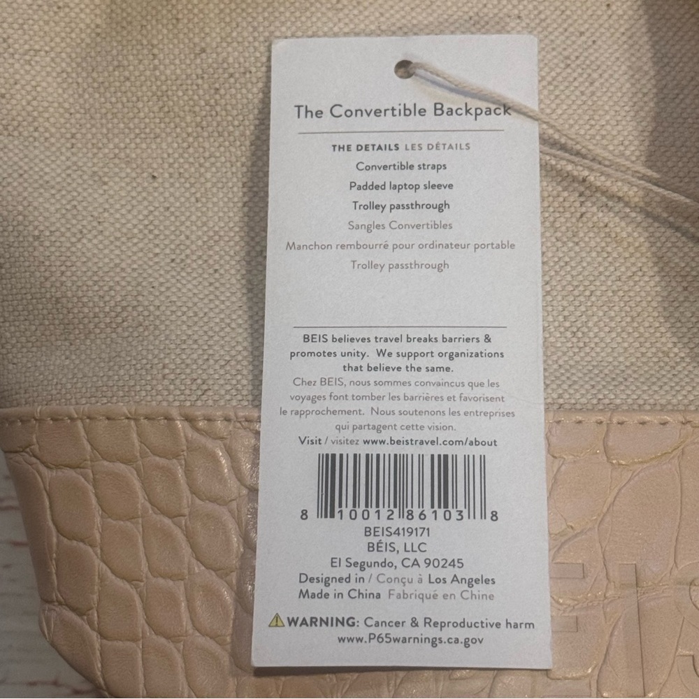 NWT Beis Convertible Backpack in Beige & Croc Trim - Picture 5 of 13
